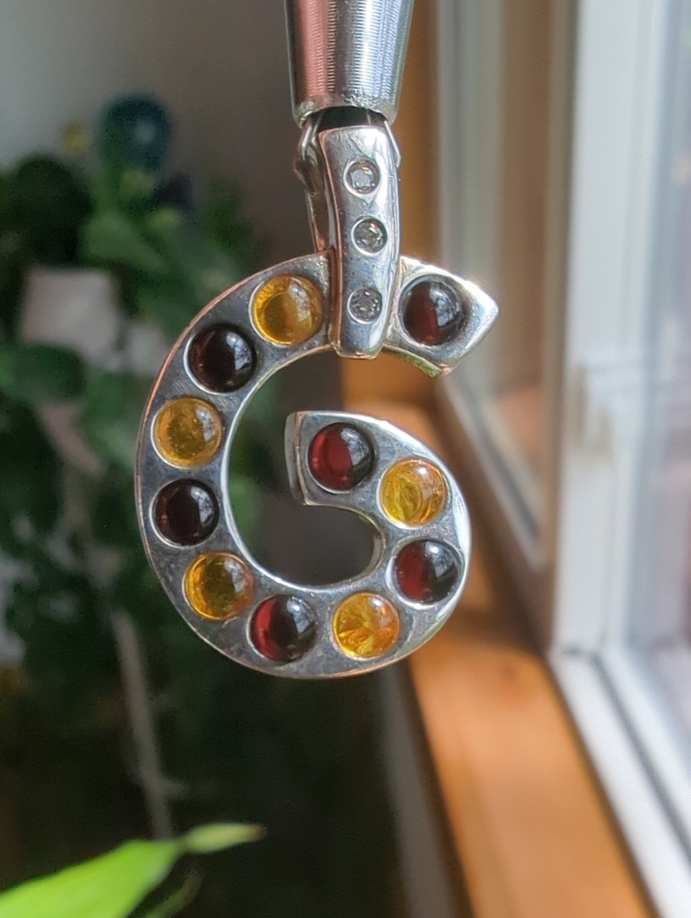 Baltic Amber CZ Marked "DC 925" Sterling Silver Pendant, "G" Shaped